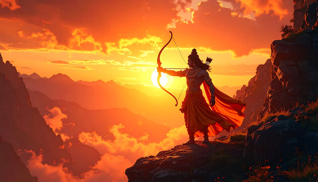 Lord shri ram jee standing on a mountain with golden sunset view