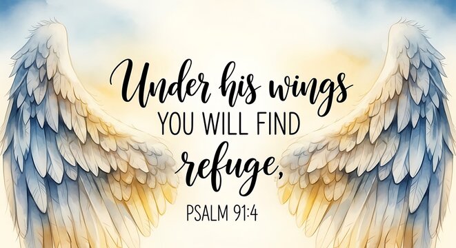 Sacred angel wings with inspirational psalm 91 4 quote in soft light