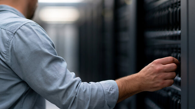 Anonymous computer engineer installing a blade server in a datacenter, hardware installation and IT infrastructure concept, faceless, defocused, with copy space
