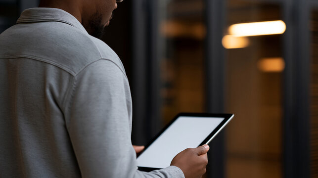 Anonymous African American man holding a digital tablet while standing by a server cabinet working with a supercomputer in a data center, faceless, defocused, with copy space