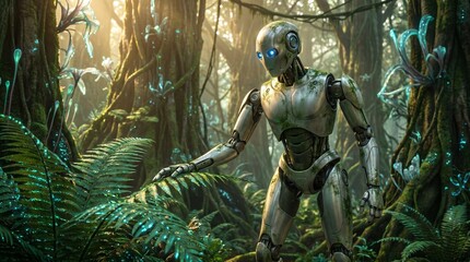 Fototapeta premium A futuristic AI robot explores a dense, bioluminescent jungle, its sensors interacting with exotic flora, a vision of technological discovery in an untamed natural environment
