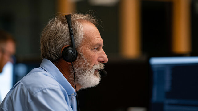 Anonymous bearded senior technical support specialist talking on a headset while working on a computer in a monitoring room with display screens, faceless, defocused, with copy