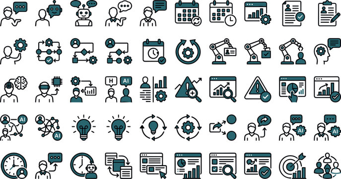 Business Automation and Robotic Process Optimization Icon Set for Workflow Management, Artificial Intelligence Chatbots, Project Scheduling, Data Analytics, and Corporate Operations
