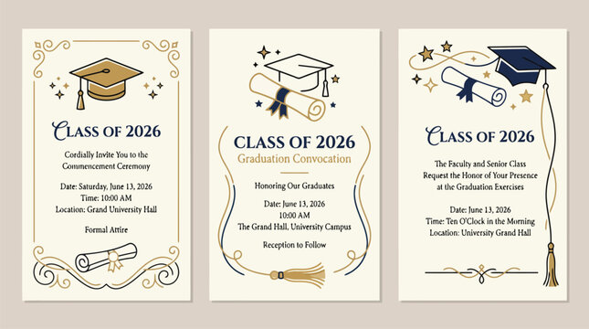 Elegant Class of 2026 graduation invitation templates, academic commencement ceremony cards with mortarboard and diploma, formal university convocation set