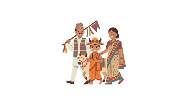 Nepalese Family Celebrating Gai Jatra Festival with Child in Cow Costume