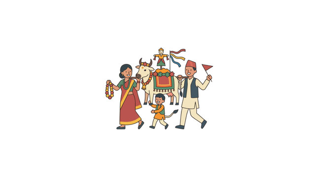 Nepalese Family Celebrating Gai Jatra Festival with Decorated Cow