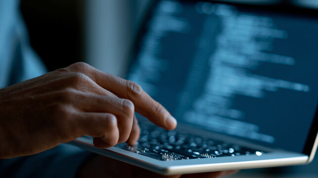 Abstract digital technology and software development concept showing a coding engineer using a digital tablet with circuit board and JavaScript on a virtual IoT screen, defocused,
