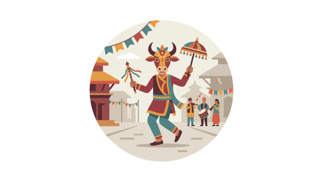Nepalese Gai Jatra Festival Illustration with Dancing Cow Character