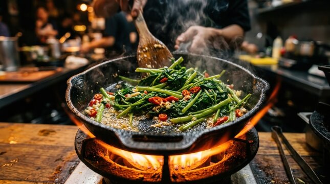 A sizzling hotplate of fresh water spinach stir fried with garlic oil and red chili peppers in a professional restaurant kitchen, captured in a dynamic widescreen culinary action shot.