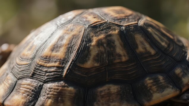 Close-up of a tortoise shell, showing intricate patterns and textures in earthy tones