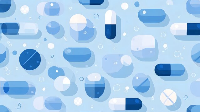 Pills and capsules are scattered across a light blue background to create a medical pattern.