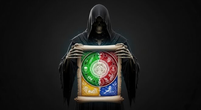 A hooded skeletal figure in tattered black robes holds an ancient glowing parchment scroll depicting the inevitable fates of all life, phantom, gothic, mystic