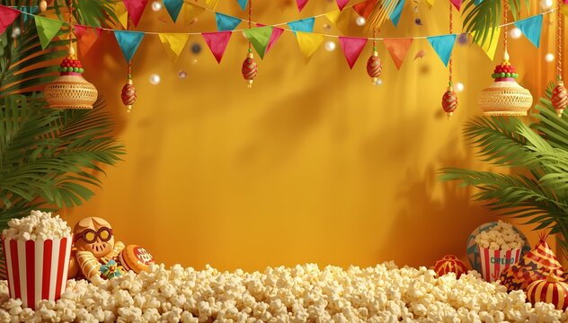 This vibrant and festive graphic design features a cheerful celebration theme with a warm yellow backdrop. The upper portion is adorned with colorful triangle bunting flags, string lights, and traditi