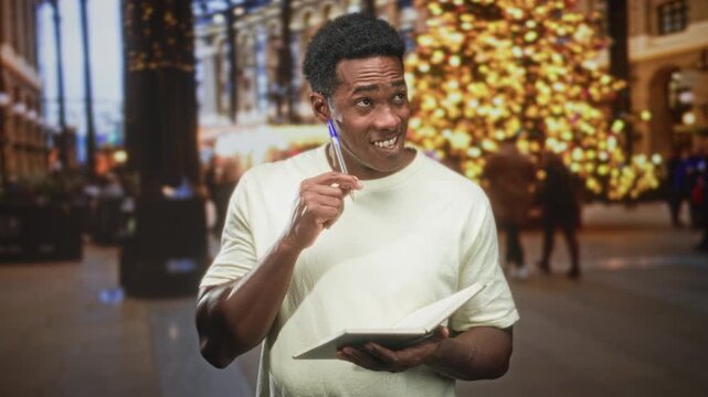 Man holding pen to cheek and writing in notebook inside a busy decorated building with holiday lights; thoughtful concentration.