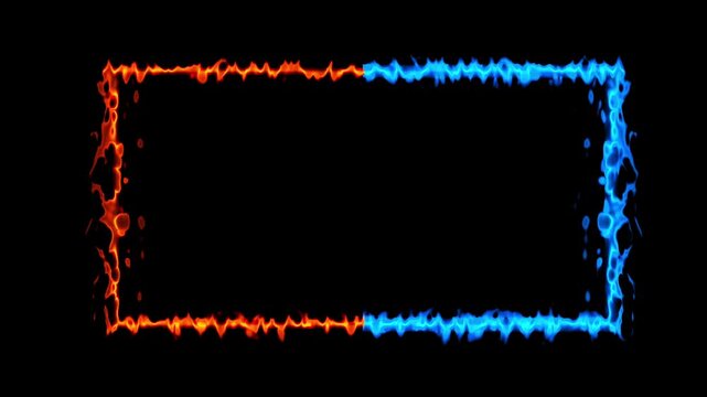 A rectangular border animation burning red and blue fire on black background.