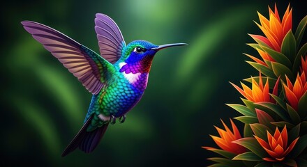 Obraz premium A hummingbird in flight approaches a vibrant orange flower in a lush green tropical garden environment.