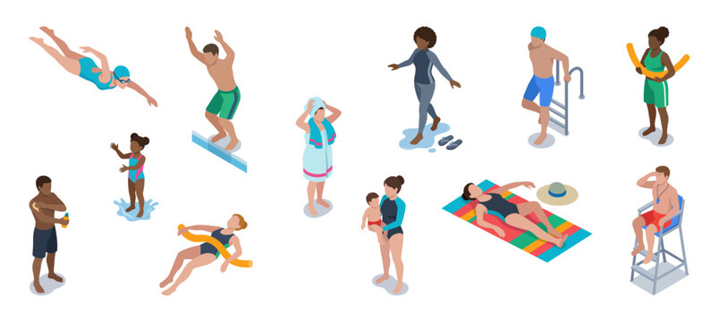 Public pool people swimming and relaxing at aqua park | Diverse summer crowd character set | Isometric vector illustration