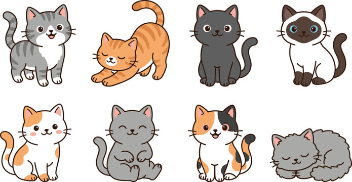 Cute Kawaii Cat Vector Illustration Set with Playful Kittens Sleeping Stretching Sitting and Smiling for Sticker and Kids Pattern Design