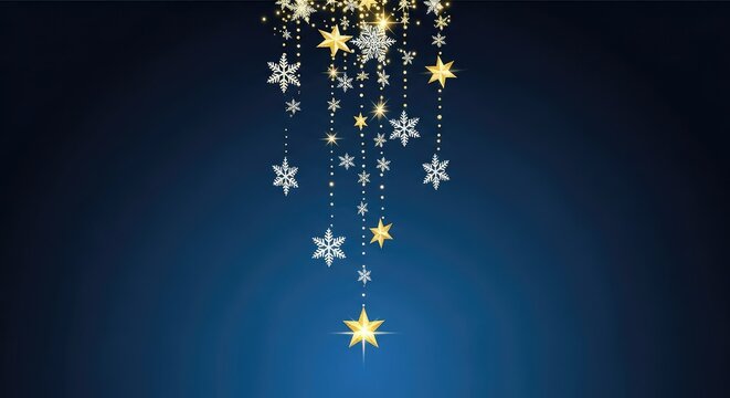 Shimmering golden stars and intricate white snowflakes fall gracefully against a deep midnight blue gradient background for winter celebrations, magic, backdrop, night