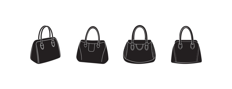 handbags with white outlines in different styles and shapes on white background