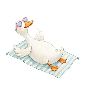 Watercolor illustration of a cute goose character wearing heart-shaped sunglasses relaxing and sunbathing on a striped beach towel isolated on white background.