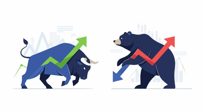 A blue bull and bear with colored arrows on a white background