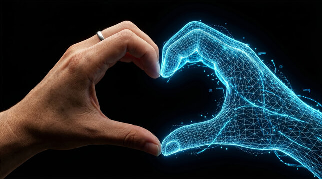 Human and AI Digital Hands Making Heart Shape with Ring
