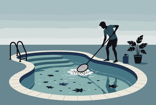 Illustration of a person using a net to clear fallen leaves from the surface of a kidney-shaped swimming pool in a garden.