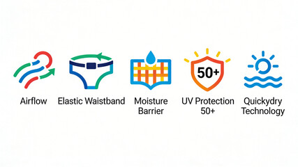 Obraz premium Breathable and quick drying fabric color icon, ventilated elastic waistband locks in moisture and provides high sun protection, suitable for outdoor sun protection clothing labeling. 