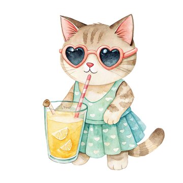 atercolor illustration of a cute tabby cat character wearing heart-shaped sunglasses and drinking orange juice isolated on white background