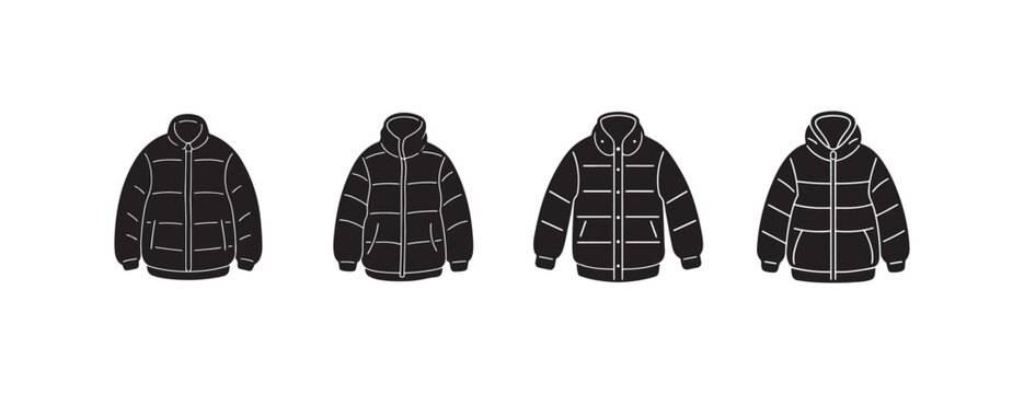  jackets with white outlines in different styles and designs  isolated on white background