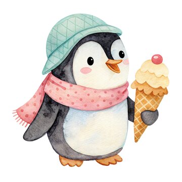 Watercolor illustration of a cute baby penguin character wearing a hat and pink scarf holding a waffle ice cream cone isolated on white background.