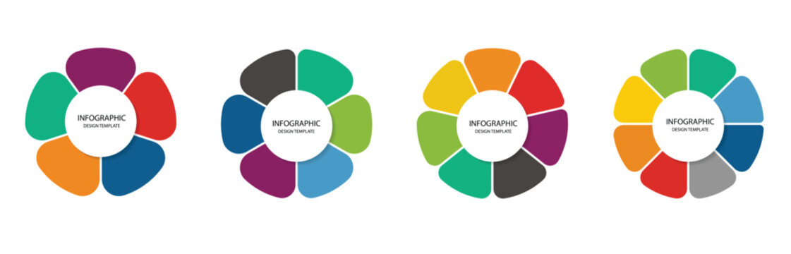 Colorful circle arrow chart set. Circular rotation, loading elements, redo process, reload sign, repeat icon. Business infographics. Circular arrows with 7 steps, options. Vector pie charts set.