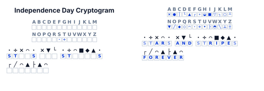 Cryptogram secret code puzzle for kids and adults, decode the message, Independence Day theme, printable