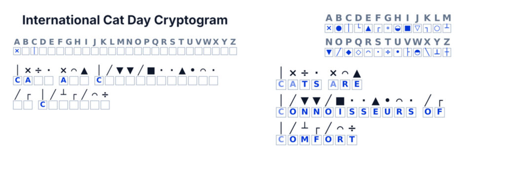 Cryptogram secret code puzzle for kids, decode the message, printable activity page for International Cat Day