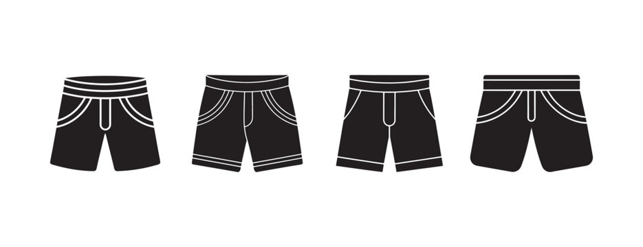 shorts with white outlines in different views and positions  front and back sides with waistband and pockets