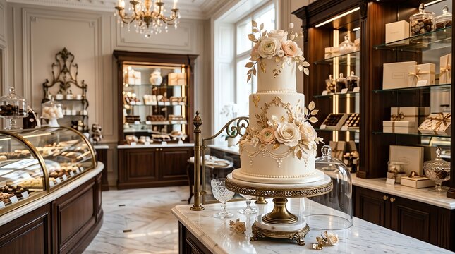 Wedding cake on display in upscale bakery interior with decorations