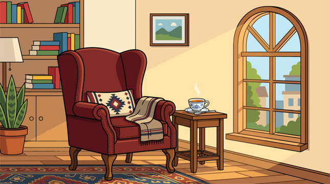 Cozy armchair next to a window with sunlight streaming in.