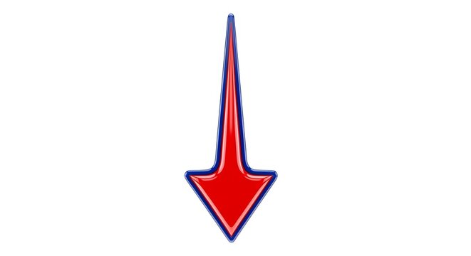 A glossy, three-dimensional red arrow pointing downwards, featuring a smooth surface, a dark blue outline, and a reflective finish, isolated on a clean white background, for clear visual communication