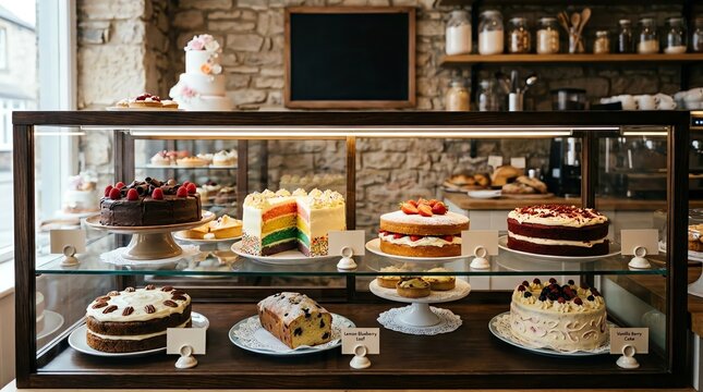 Assorted cakes displayed in a glass case at a bakery