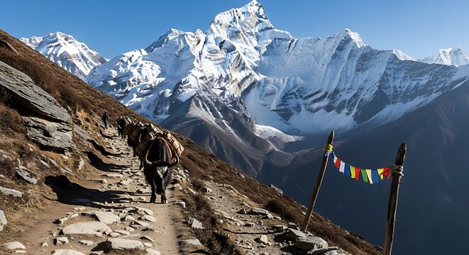 Hikers trek along a rugged mountain trail with snow capped peaks and colorful prayer flags