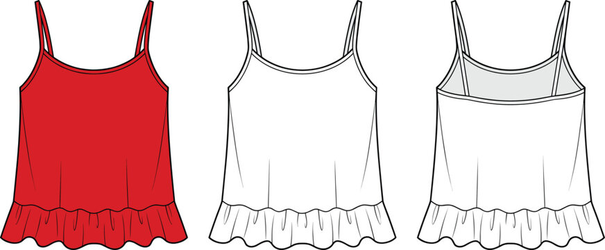 Women camisole top with ruffle hem vector sketch, technical fashion illustration for design
