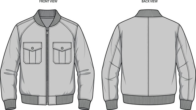 Men bomber jacket front and back view sketch, cad drawing flat vector illustration