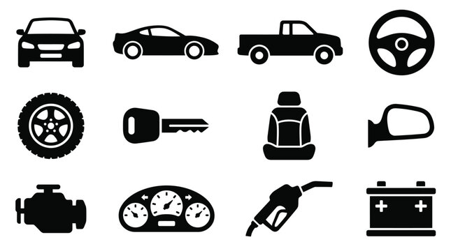   
Automobile icons collection featuring car front, sports car, pickup truck, steering wheel, tire, key fob, seat, mirror, engine, dashboard, fuel pump, battery