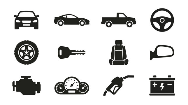   
Automobile icons collection featuring car front, sports car, pickup truck, steering wheel, tire, key fob, seat, mirror, engine, dashboard, fuel pump, battery