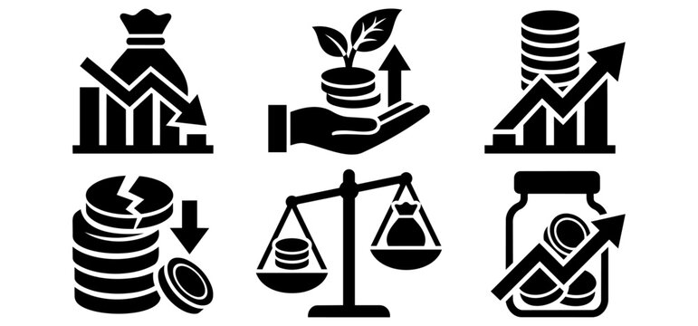 Financial and economy icons set with money growth charts scales and savings symbols