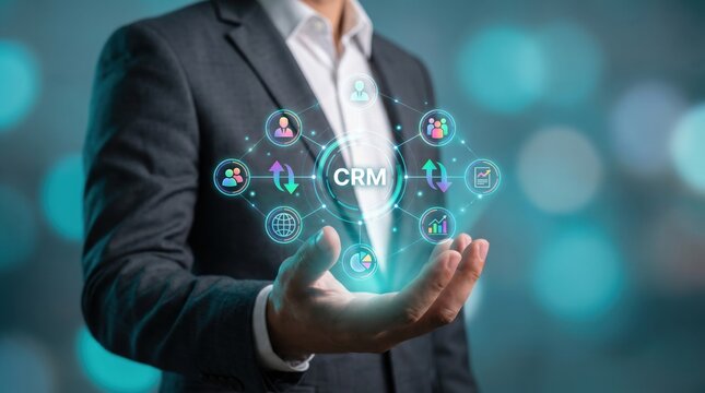 A businessman showcasing modern CRM technology with digital icons that represent customer relationship management.