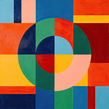 Vibrant geometric shapes dance in bold, overlapping circles and blocks
