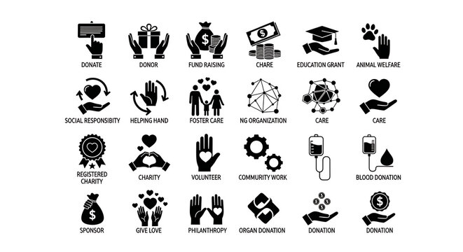 Set of human hand charity donation support icons with donation community pictogram illustration foundation nonprofit philanthropy generosity humanity volunteer kindness wellness