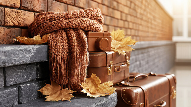 Autumn travel still life with scarf, camera, leather suitcase, and fallen leaf by brick wall